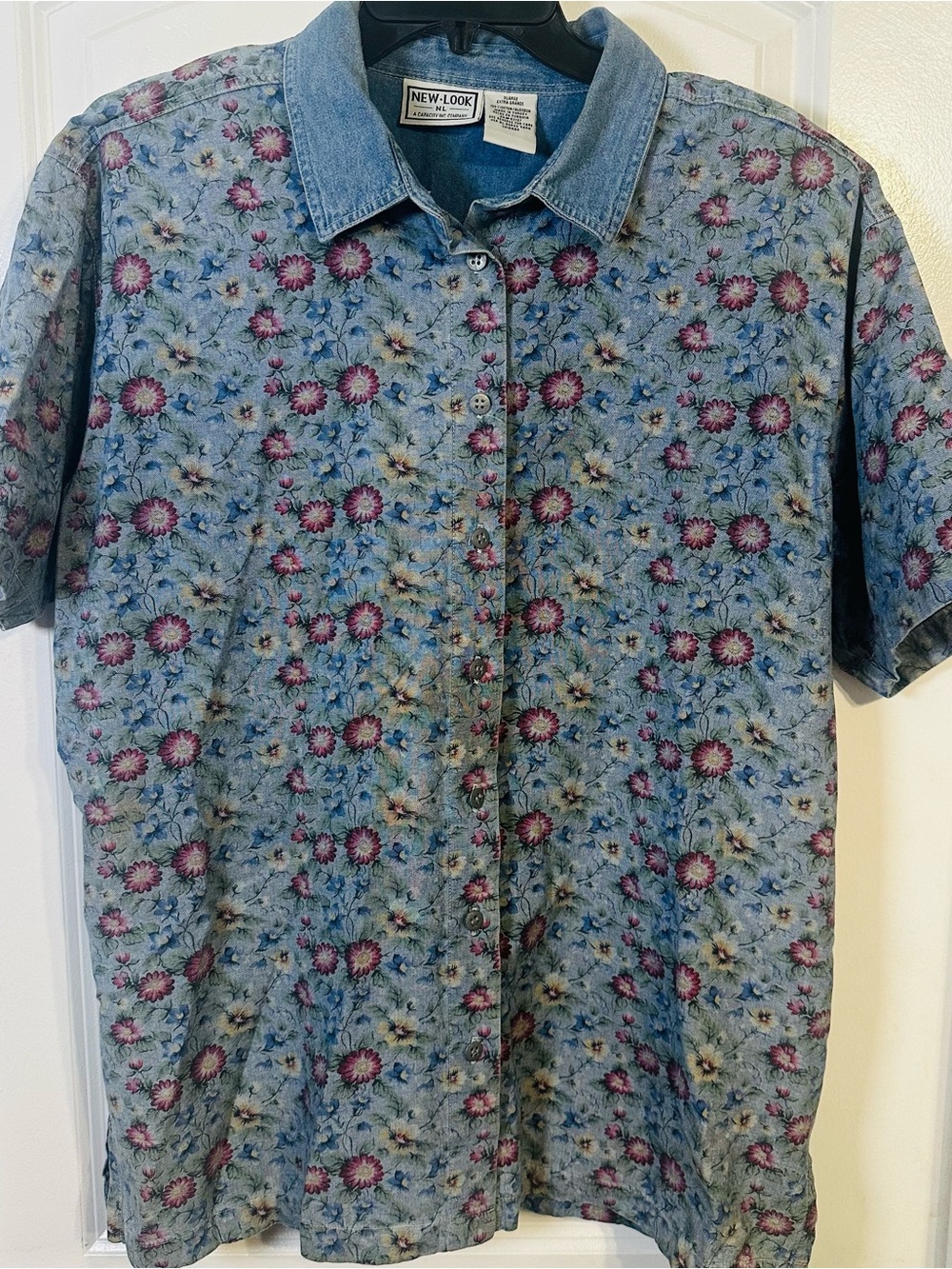 Vintage New Look 90s Floral Denim Button Down Shirt XL Y2K
